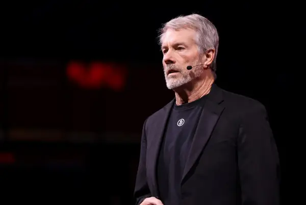 Michael Saylor speaking on stage at Bitcoin 2025 in Las Vegas