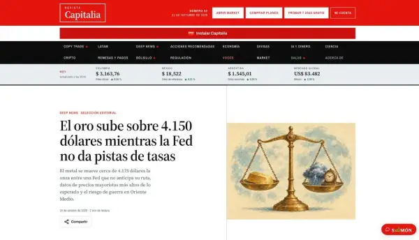 The front page of Revista Capitalia, a Spanish-language finance magazine for Latin America, with live exchange rates for Colombia, Mexico and Argentina and the Salomón AI assistant button